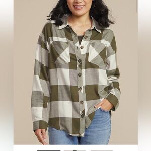Maurices Olive and White Plaid Blouse